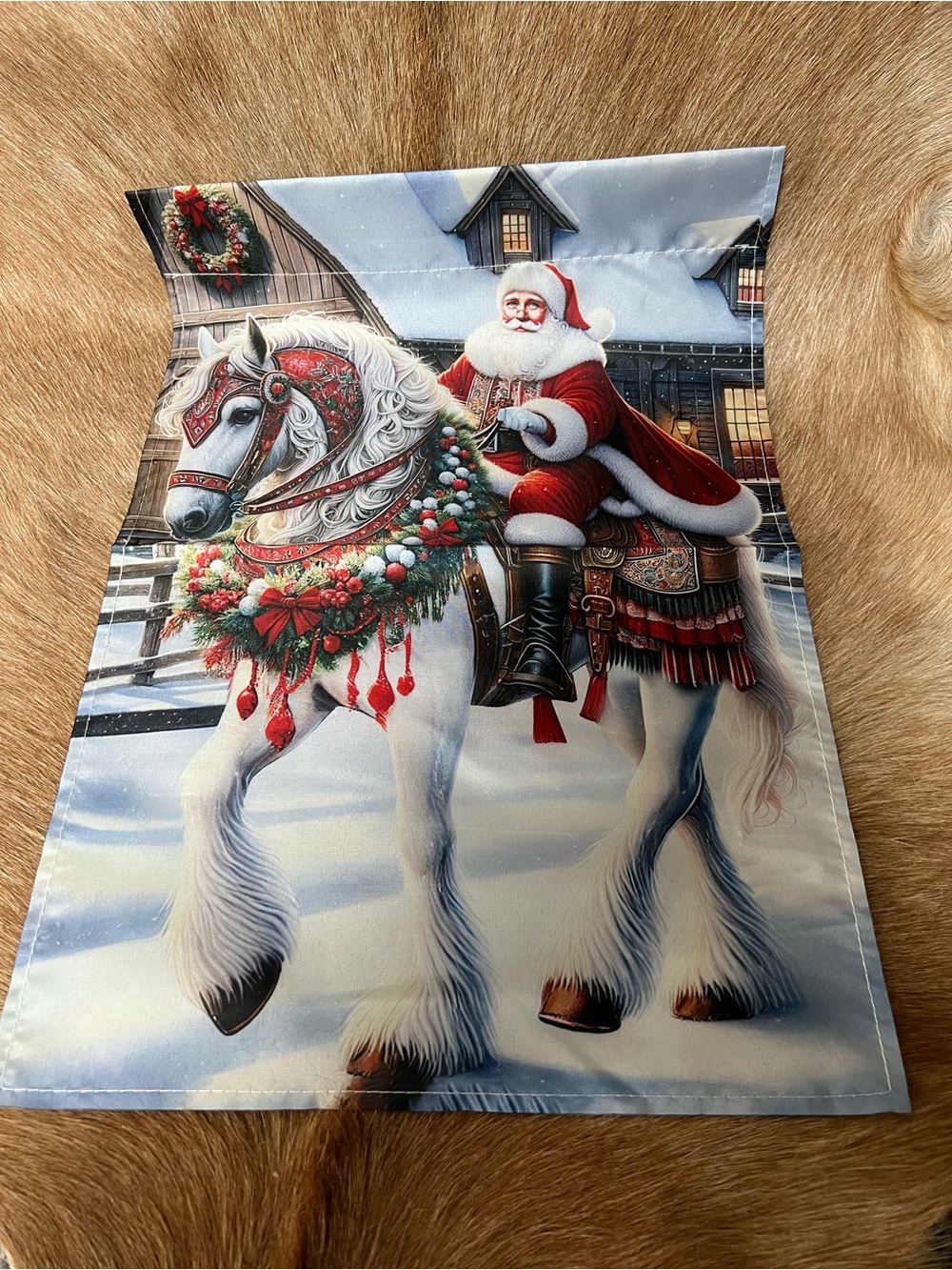 Holiday Santa on White Horse Decorative Home Flag - Red & White